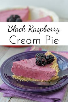 a slice of black raspberry cream pie on a plate