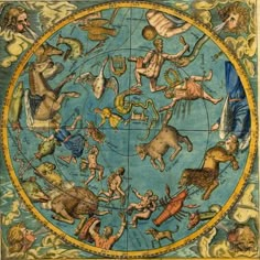 an old astro wheel with zodiacs and other animals on it's sides, in the center