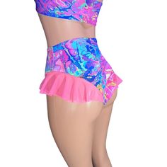 Ruffle Bikini Bottom High-Waisted Cheeky Hot Pants in Rainbow Vapor - Peridot Clothing Flirty Bottoms With Built-in Shorts And Stretch, Flirty Stretch Bottoms For Club, Fitted Party Bottoms With Built-in Shorts, High Waist Shorts For Cheerleading In Summer, Flirty High-waisted Fitted Shorts, Flirty High Waist Shorts, Disco Style Bottoms For Summer Clubbing, Hip-length Bottoms For Summer Club Wear, Hip-length Bottoms For Clubbing In Summer