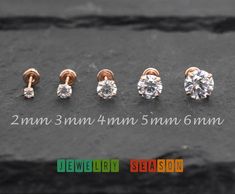 14K Rose Gold Clear CZ Round Basket Stud Earrings with Screw Back *Note: This Listing is for One Pair of Stud Earring It comes with a gift box. Ready for gifting Metal: Solid 14K Rose Gold Metal Stamp: 14K Finish: Polished Stone Size : 2MM x 2MM / 3MM x 3MM / 4MM x 4MM / 5MM x 5MM / 6MM x 6MM Gem Type: High-Quality Grade AAA CZ (Cubic Zirconia) Gem Shape: Round Gem Color: Clear CZ Birthstone Month: April Setting: Casting Prong Setting Backing: Screw Back/ Safety Back *Nickel FREE* Please Select Piercing Stud, Month April, Diamond Tops, Womens Safety, Diamond Earrings Design, Accessories Necklaces, Diamond Necklace Designs, Rose Gold Studs