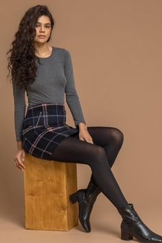 Dress With Tights And Sneakers, Warm Skirts, Coloured Tights, School Uniform Skirts, Checked Skirt, Thick Tights, High Boots Outfit, Check Skirt, Blue Mini Skirt