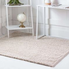 a white shelf sitting on top of a rug next to a table with a potted plant