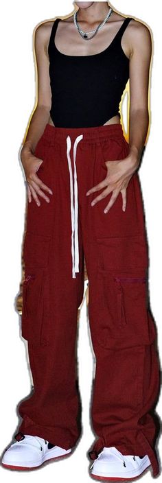 Red Bottoms For Streetwear In Fall, Trendy Baggy Red Bottoms, Red Baggy Sporty Bottoms, Casual Red Harem Pants For Fall, Casual Red Full-length Cargo Pants, Casual Red Full Length Cargo Pants, Fall Streetwear Wide Leg Harem Pants, Red Casual Cargo Pants With Pockets, Red Baggy Hip Hop Pants