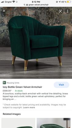 the green velvet armchair is on sale for $ 1, 995 and it's up for grabs