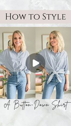 Katie Haller on Instagram: "Style Tip Tuesday!!   I love button-down shirt, especially in spring. But styling them can be a bit tricky for some.   Here are 2 ways I like to style my button-down shirts!  Comment LINK and I will send you the shopping details!   Other ways to shop! 🛍️ • Download the free @shop.ltk app and search thriftywifehappylife for shopping details and sizing!  • Go to the link page in my bio. Click on the “shop my LTK page” button.  #styletips #buttondownshirt #howtowearit #springstaples #springstyle #stripeshirt #howtostyle" How To Tie My Button Up Shirt, Shirt Tying Hacks Button Up, Tucking In A Button Down Shirt, How To Tie Button Up Shirt, How To Style Black Shirt Women, Tying A Button Up Shirt, Ways To Wear A Button Down Shirt, How To Wear Button Down Shirts Women, How To Style Collared Shirts