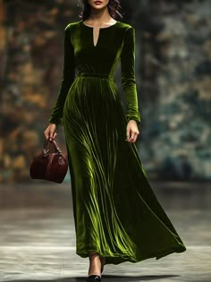 Elegant Velvet Plain V Neck Maxi Dress Jeans Gown, Girls Wedding Dresses, Vest Skirt, Velvet Cloth, Regal Design, Fancy Fashion, Green Velvet Dress, Velvet Clothes, Velvet Dresses