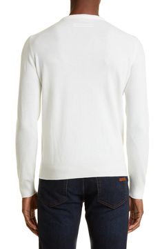 Bring a refined element to your look with this classic crewneck sweater knit from sumptuous cashmere yarns. Crewneck Long sleeves Ribbed cuffs and hem 100% cashmere Dry clean Made in Italy Men's Designer Clothing White Cashmere Cardigan With Ribbed Cuffs, White Classic Cashmere V-neck Sweater, White Crew Neck Cardigan With Ribbed Collar, White Long Sleeve Cashmere V-neck Sweater, Elegant White Cashmere V-neck Sweater, Classic White Sweater With Ribbed Neckline, Classic White Sweater With Ribbed Cuffs, Classic White Long Sleeve V-neck Sweater, Classic White Wool Polo Sweater