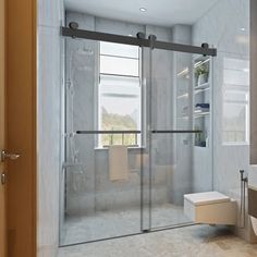 a bathroom with a walk in shower next to a white toilet and sink under a window