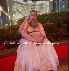 a woman in a wedding dress is sitting on a bench with her arms crossed and the words, i'm the prettiest princess at the party