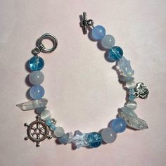 7 Inches In Length. Ocean Charm Bracelet, Sea Themed Bracelet, Ocean Themed Bracelets, Ocean Bracelet Ideas, Oceanic Jewelry, Aesthetic Bracelet Ideas, Coastal Bracelet, Blue And White Bracelet, Ocean Accessories