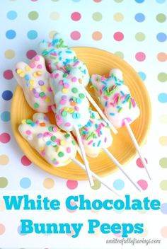 white chocolate bunny pees with sprinkles on a yellow plate and polka dot tablecloth