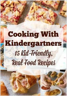 the words cooking with kindergartners are overlaid by pictures of food