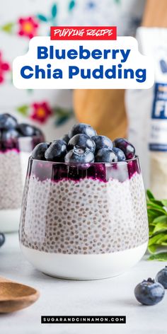 blueberry chia pudding in a glass bowl with fresh blueberries on the side