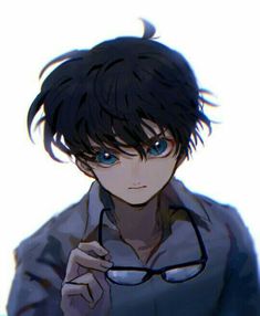 an anime character with glasses and a blue shirt is looking at something in the distance