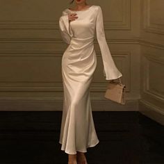 Olivia Mark - Solid Color Round Neck Long Sleeve Waist-Cinching Formal Dress Satin Mermaid Dress, Vintage Wedding Party, Solid Midi Dress, Retro Glamour, Loose Fitting Dresses, Dress Inspo, Round Neck Dresses, Crewneck Dress, Slim Fit Dresses