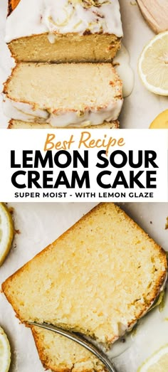 a loaf of lemon sour cream cake on top of a white table with sliced lemons