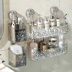 a bathroom shelf filled with lots of different types of cosmetics and personal care items on it