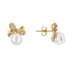 Add a luxurious touch to your ensemble with the Ribbon Bow Pearl Stud Earrings in gold as these earrings exude opulence.  The design features a beautifully tied bow, with each loop embellished with glittering cubic zirconia. A radiant round Majorica pearl is fixed elegantly at the base of the bow.  Ideal for any occasion where you wish to wear pearls, these earrings are versatile enough to be worn with both casual and formal outfits. Let these earrings elevate your style whenever you desire to w Classic Gold Bow Earrings, Classic Bow Earrings For Anniversary, Gold Feminine Earrings For Evening, Feminine Gold Earrings For Evening, Feminine Gold Bridal Earrings For Formal Occasions, Gold Earrings With Decorative Bow For Formal Occasions, Elegant Formal Earrings With Decorative Bow, Formal Gold Earrings With Decorative Bow, Yellow Gold Bow Earrings For Wedding