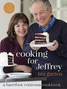 a man and woman are holding a plate with cake on it, the cover of cooking for lofty parents