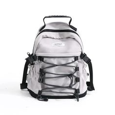 a white backpack with black straps on the front and back sides, sitting against a white background