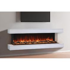 an electric fireplace with flames on the side and a flat screen tv mounted above it