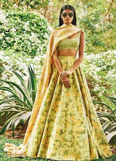 A modern floral lehenga by Sabyasachi. Shop for your dream wedding lehenga, with a personal shopper & stylist in India - Bridelan, visit our website www.bridelan.com #Bridelan #Sabyasachi Lengha Modern, Haldi Outfits, Mehendi Outfits, Floral Lehenga, Nikkah Dress, Green Lehenga, Ceremony Dresses