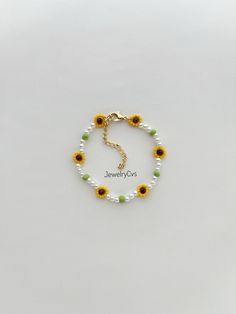 Title: Sunflower Pearl Bracelet, Anklet Bead Jewelry Gift for Her Approximate; bracelet length: 16 cm + 5 cm adjustable chain, anklet length: 22 cm + 5 cm adjustable chain It was made with glass pearl  and glass beads.  Quality materials were used. I recommend that you keep the product away from contact with water, sweat,  perfume and chemicals. Wedding Bracelets, Diy Jewelry Unique, Beading Jewelery, Beaded Necklace Diy, Diy Bracelet Designs, Diy Bracelets Patterns, Beads Bracelet Design, Handmade Jewelry Tutorials, Jewelry Accessories Ideas