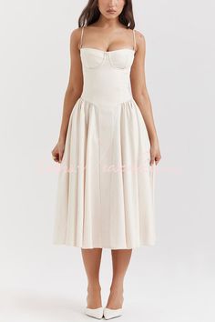 Elegant Summer Strapless Dress With Built-in Bra, Sleeveless Midi Dress With Built-in Bra And Fitted Bodice, Fitted Beige Dress With Built-in Bra, Fitted Strapless Sundress In Midi Length, Fitted Strapless Sundress Midi Length, Elegant Summer Corset Dress With Built-in Bra, Summer Knee-length Slip Dress With Fitted Bodice, Summer Midi Dress With Built-in Bra And Fitted Bodice, Spring Party Midi Dress With Built-in Bra