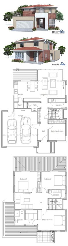 the floor plan for a modern house with two levels and an open living room, dining area