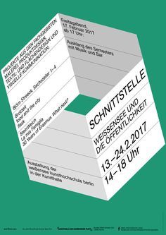 the poster for schnuttstelle is shown in white and green colors