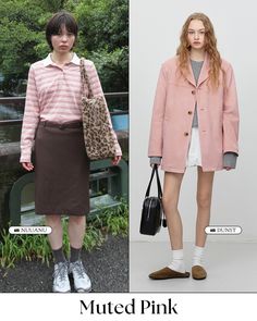 two models in pink coats and brown skirts, one is holding a handbag while the other