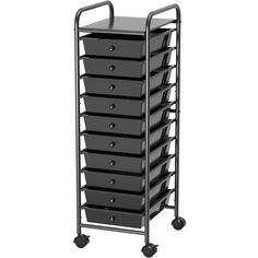 a black cart with many drawers on it