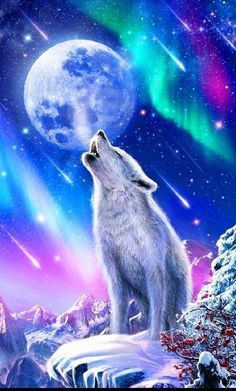 a white wolf standing on top of a snow covered mountain under a full moon and stars filled sky