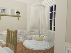 a room with a round bed and white curtains