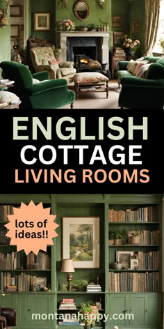 an english cottage living room with lots of bookshelves and green furniture in it