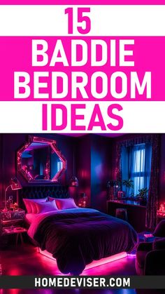 a bedroom with pink and purple lighting in the corner, text reads 15 badie bedroom ideas