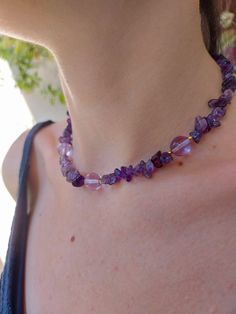 Glass beads and natural Amethyst chip stones are used for this necklace. This beautiful Amethyst handmade necklace, a great gift for yourself and a loved one.. Used material: Amethyst chip stones and gold plated apparatus. Lavender Amethyst Necklace With Stones, Lavender Gemstone Beaded Necklaces As Gift, Lavender Gemstone Beaded Necklaces For Gift, Lavender Gemstone Beads Necklace For Gift, Amethyst Stone Necklaces For Gifts, Lavender Beaded Necklaces With Natural Stones For Healing, Lavender Necklaces With Natural Stones For Gift, Amethyst Stone Necklace For Gift, Purple Amethyst Necklace With Natural Stones