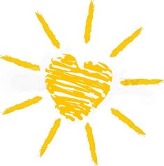 a drawing of a heart in the middle of sun rays on a white background with yellow crayons