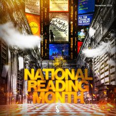 an advertisement for the national reading month in new york city, with buildings and billboards