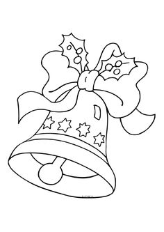 a christmas bell with holly leaves and stars on it, outlined in black and white