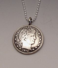 Silver Barber US Quarter Coin Pendant Antique Sterling Silver Coin Necklace With Round Pendant, Handmade Sterling Silver Coin Necklace, Silver Coin-shaped Sterling Silver Jewelry, Sterling Silver Coin Shaped Jewelry, Silver Coin Shaped Sterling Silver Jewelry, Vintage Silver Coin Necklace For Jewelry Making, Sterling Silver Coin Jewelry In Silver, Classic Sterling Silver Stamped Jewelry, Silver Etched Coin Necklace