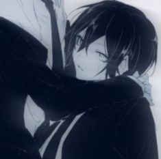 two anime characters hugging each other in front of a white background with black and grey lines