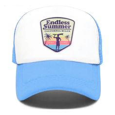 ‘Endless Summer California Beach’ Surf Hat. Light Sky Blue And White. Polyester/Nylon. Mesh Back. Adjustable Snap Back. Tags: Powder Blue Carolina Pale Blue Surfing Coastal California Hawaii Costa Rica Vacation Spring Summer 90s Y2k Trendy Blue Trucker Hat For Vacation, Breathable Trucker Hat For Summer Sports, Breathable Trucker Hat For Sports In Summer, Summer Sports Trucker Hat Breathable, Trendy Blue Hats For Beach Season, Sporty Breathable Trucker Hat For Summer, Sporty Summer Trucker Hat With Breathable Design, Blue Adjustable Trucker Hat For Summer, Blue Adjustable Summer Trucker Hat