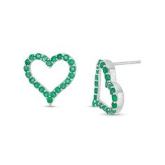 Charming and cute, these gemstone heart stud earrings capture her sweet personality. Fashioned in sterling silver, each earring showcases verdant-green emeralds along a sculpted heart shape. Buffed to a brilliant luster, these post earrings secure comfortably with friction backs. Sweet Personality, Heart Outline, Platinum Jewelry, Heart Stud Earrings, Heart Gemstone, Gemstone Studs, Jewelry Repair, Heart Studs, Heart Earrings Studs