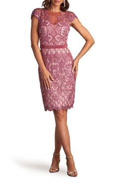 An elegant frock exquisitely fashioned from ornate lace sparkling in tonal sequins is perfect for weddings, cocktail parties and date nights. 39 1/2" length (size 8) Hidden back-zip closure Bateau neck Cap sleeves Partially lined 60% polyester, 40% nylon Dry clean Imported Cocktail Dress Nordstrom, Lace Body, Bateau Neck, Date Nights, Cocktail Parties, Tadashi Shoji, Nordstrom Dresses, Cocktail Party, Cap Sleeves