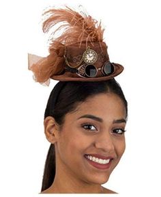 Put the perfect finishing touch on your Steampunk costume with this brown mini hat on a headband. Hat features fabric covered headband, feathers tulle, lace, watch decoration and mini goggles in black or brown. This mini hat is perfect for steampunk, Victorian, witch, Halloween, theatrical productions, cosplay and more. One size fits most Adults and Teens. Other steampunk costumes and accessories are sold separately on our page - subject to availability. Novelty Adjustable High Crown Costume Hat, Novelty Costume Hat With Adjustable High Crown, Adjustable Headband Costume Hats For Carnival, Adjustable Brimmed Themed Costume Accessories, Novelty Adjustable Top Hat For Festivals, Fitted Novelty Costume Hat, Novelty Brown Costume Accessories For Halloween, Adjustable Brown Top Hat For Halloween, Brown Adjustable Top Hat For Halloween