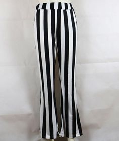 The striped pattern makes you look very energetic. Flare pants make you look stylish, it is a highlight of this pair of pants. If you wear it, the quality fabric makes you very comfortable. Material: PolyesterColors: Black WhiteSize: S, M, L, XLWaistline: High WaistDecoration: StripedPocket: NoPattern: StripedFit Type: SlimOccasion: Casual, Street, ClubSeason: Spring, Summer, AutumnClose Type: Elastic Chic White Bottoms With Striped Hem, Black Wide-leg Pants With Vertical Stripes, Striped Long Pants For Spring, Striped Stretch Wide-leg Pants, Trendy Striped Wide Leg Pants, Casual Stretch Bottoms With Striped Hem, Trendy Vertical Striped High-waisted Pants, Trendy High-waisted Vertical Striped Pants, Trendy High-waisted Pants With Vertical Stripes