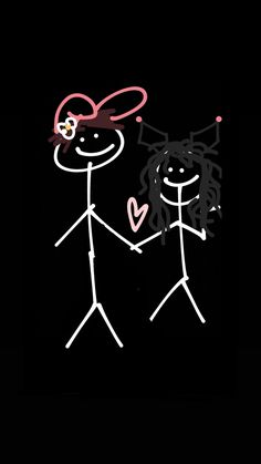 two stick figures holding hands in the dark with hearts on their foreheads and arms