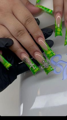 Nail Inspo Acrylic Green, Green Set Nails, Xl Duck Nails Acrylic, Long Duck Nails French Tip, Nails Acrylic Neon Green, Tapered Duck Nails Long, Baddie Nails Green, Like Green Nail Designs, Green Junk Nails