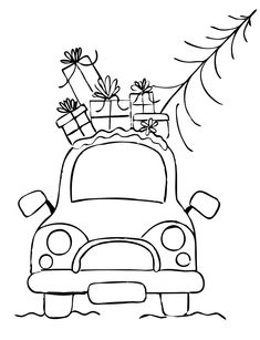 a black and white drawing of a car with presents on top